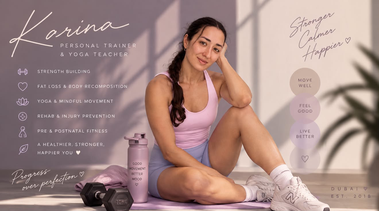 Karina, personal trainer and yoga teacher in Dubai. Strength building, fat loss and body recomposition, yoga and mindful movement, rehab and injury prevention, pre and postnatal fitness. Stronger, calmer, happier.